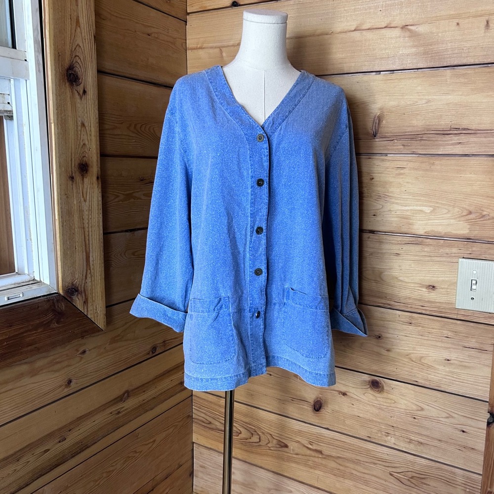 Vintage Raw Silk Cardigan Women Medium Periwinkle Blue Chore Jacket Kara Casual